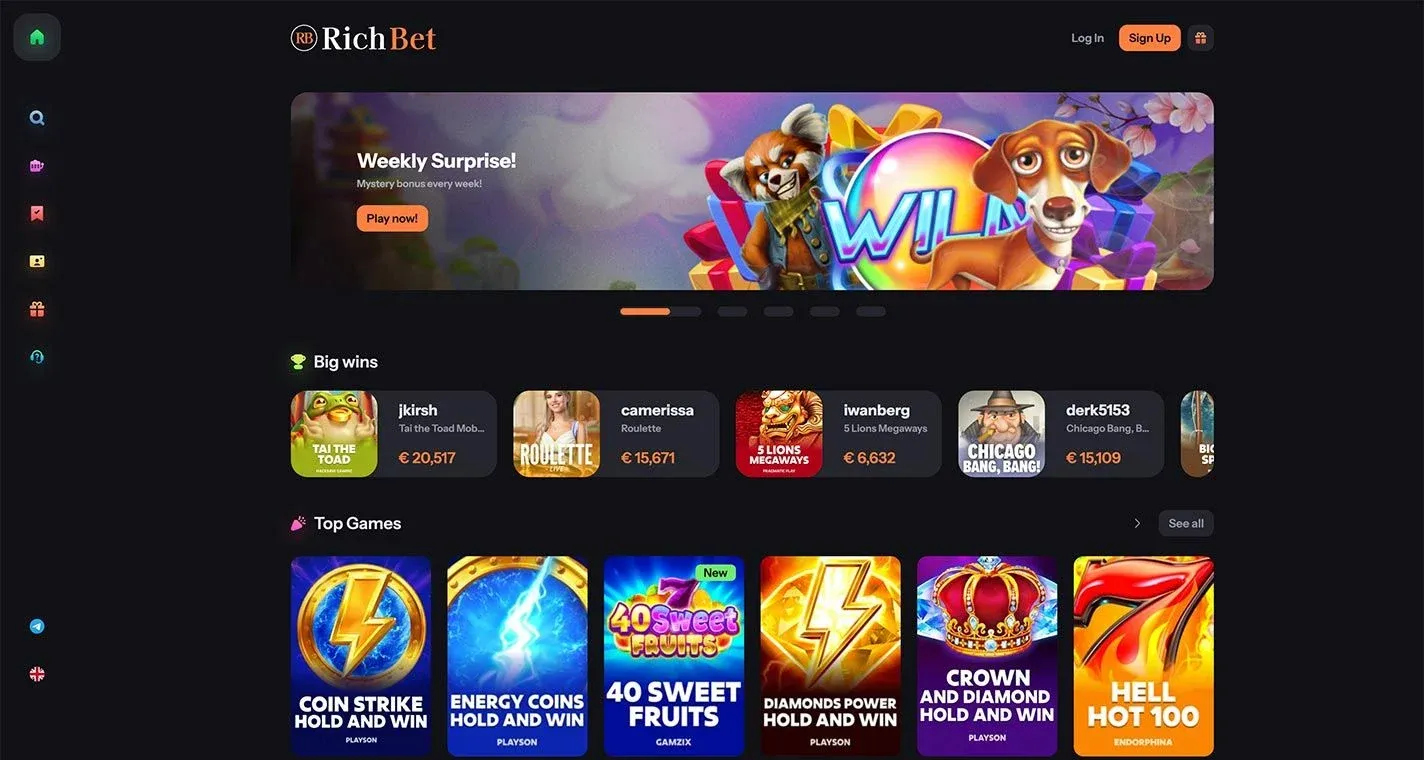 RichBet Casino forside med poker og bordspil udvalg