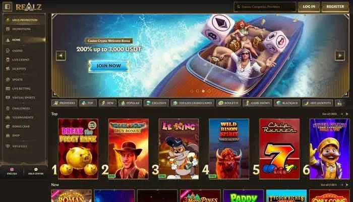Realz Casino spiludvalg med over 1500 slots og live spil