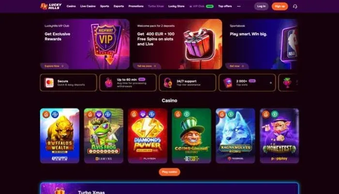LuckyHills Casino forside med Curacao-licens og velkomstbonus